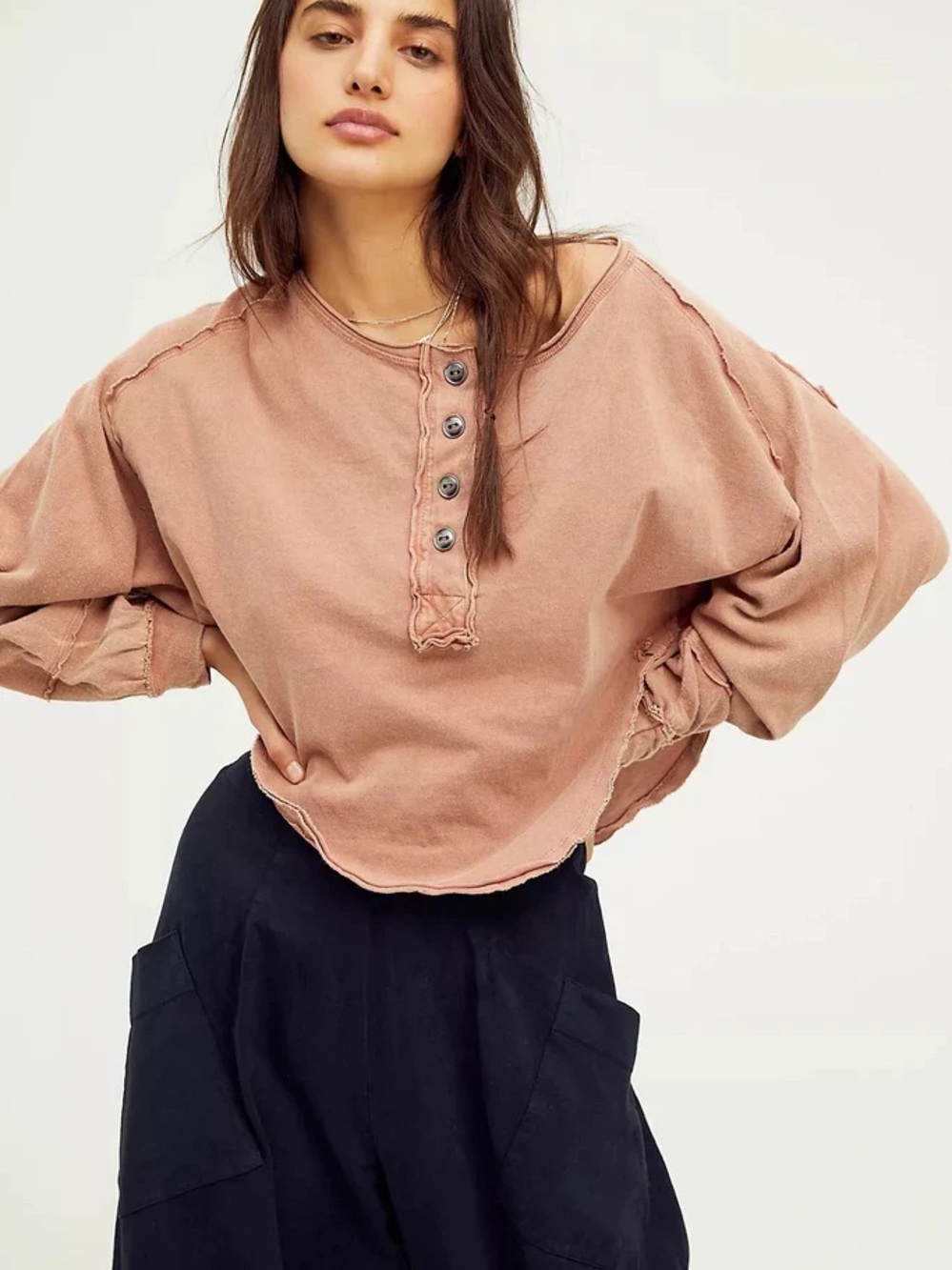 We The Free Cropped Washed Henley Top in Dusty Rose